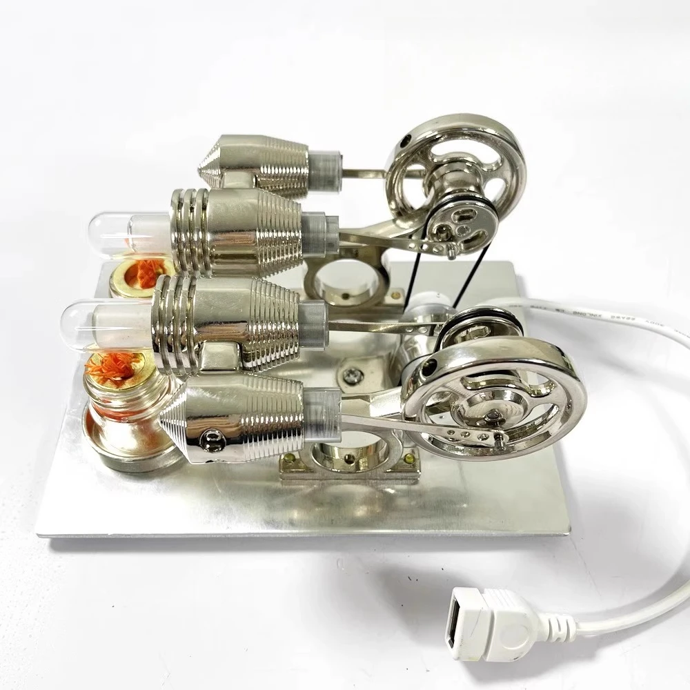 Nikola Classic Twin-Cylinder Stirling Engine 12V Power + LED Light Heating Launchable Model