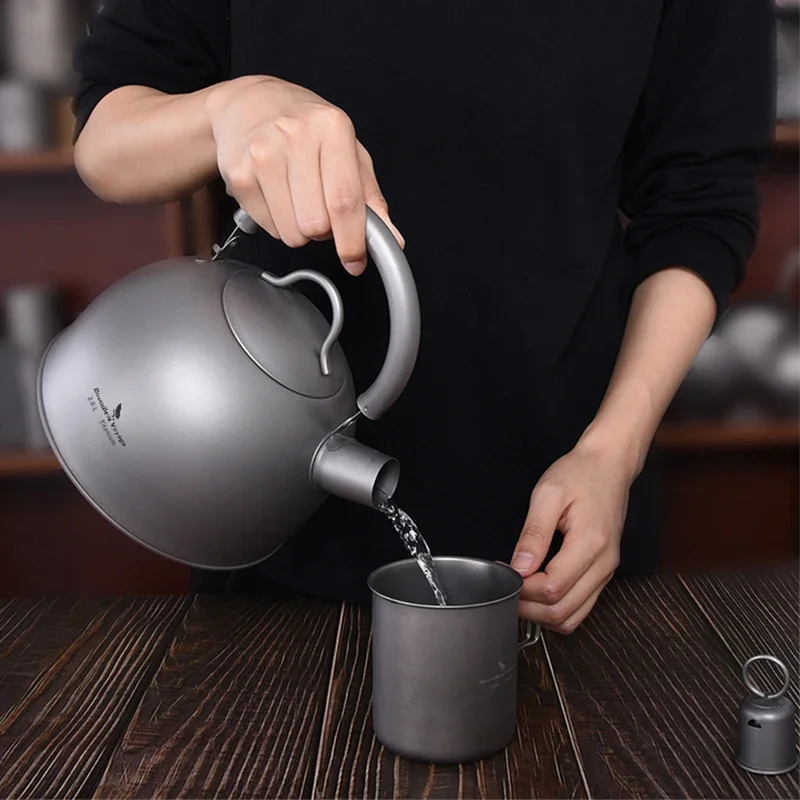 Boundless Voyage Camping Tableware Titanium Kettle 2L Large Capacity Outdoor Travel Picnic Water Jug Tea Pot Whistling