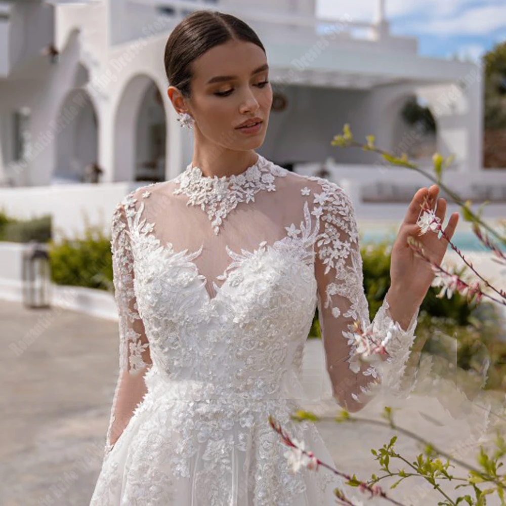 Elegantes vestidos de noiva com decote em v para mulheres, renda brilhante, estampa floral, vestidos de noiva, mangas compridas, vestido princesa