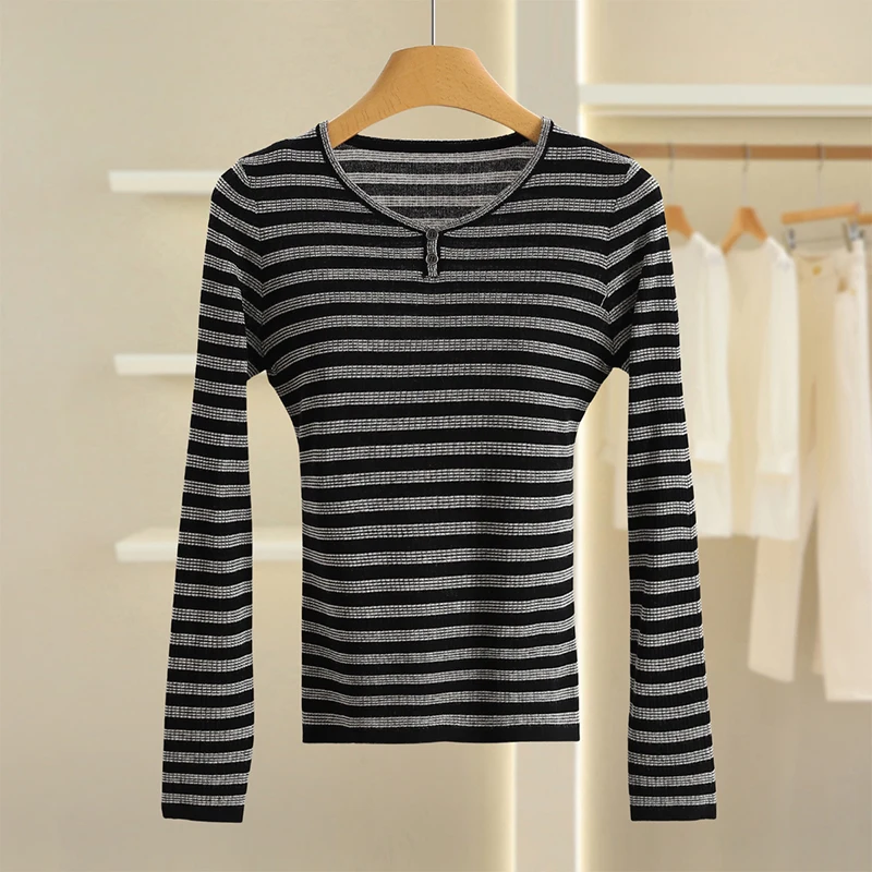 

Для поездок на работу, круглый полосатый базовый облегающий вязаный свитер для женщин, осенний модный повседневный удобный дышащий свитер