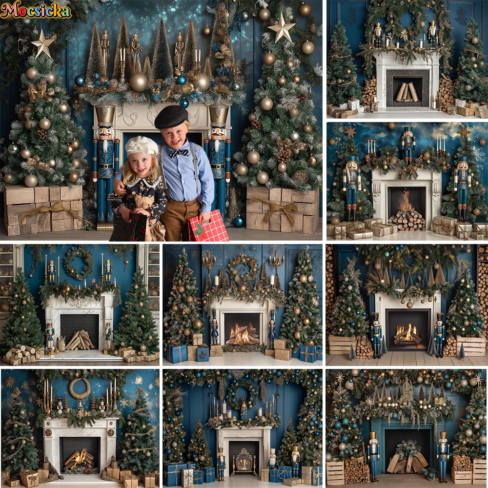 

Christmas Fireplace Room Background Photography Retro Blue Nutcracker Soldier Toy Gift Backdrop Glitter Xmas Tree Decor Booth