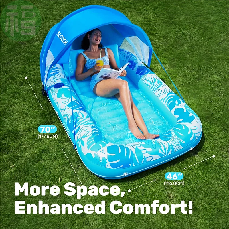 Outdoor inflatable floating bed with awning pool lounge chair adult water floating row sun protection  portable folding view 3