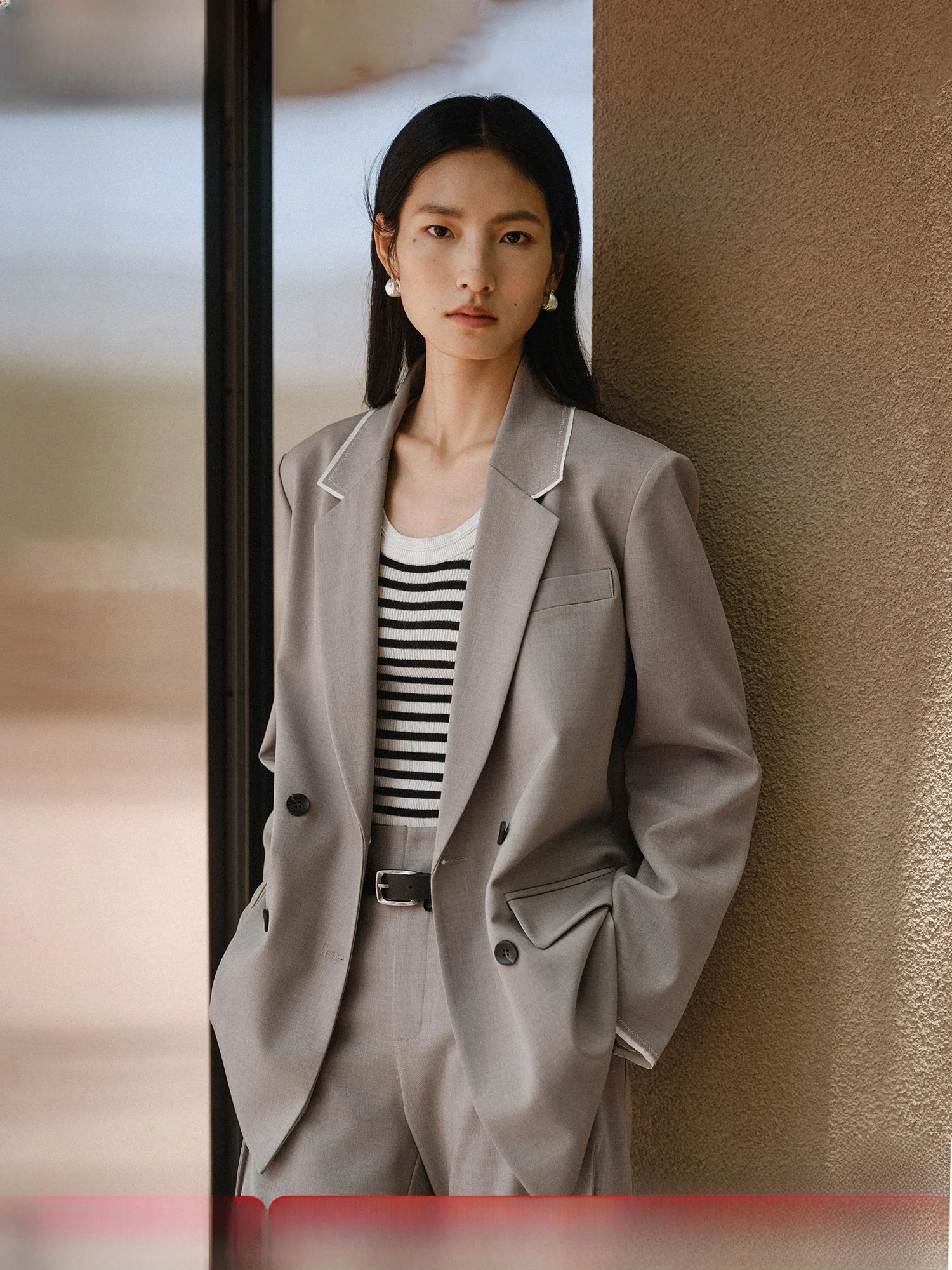 

Casual Commuter Sle Women's ey Suit Jaet Double Breasted Loose Profional Match All Seasons Spring Autumn Winter