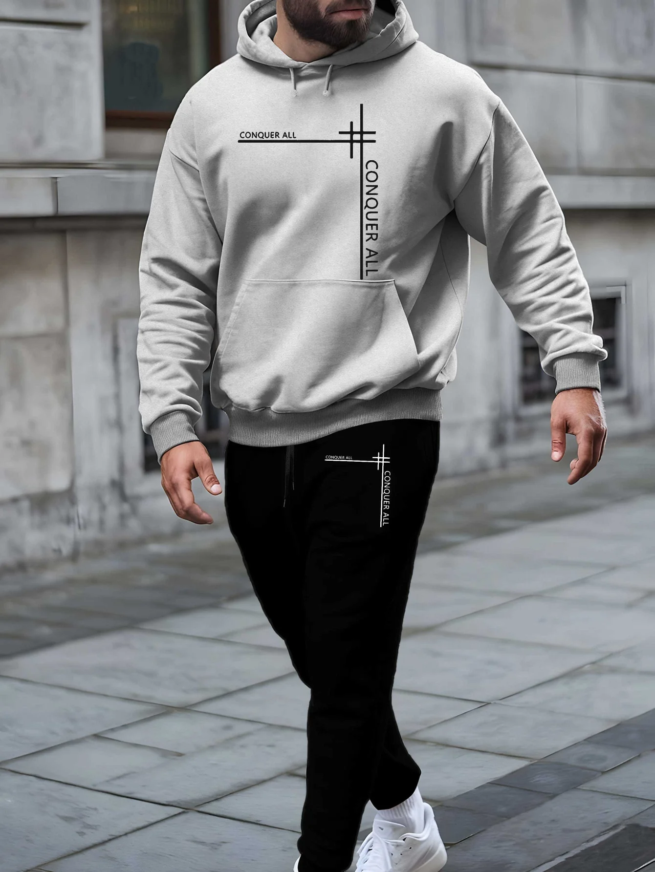 Conquer all men's autumn and winter hooded sweatshirt tracksuit, new men's trendy drawstring tracksuit