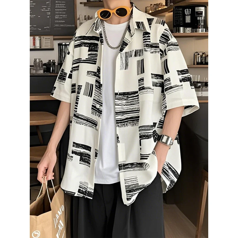 

Summer Men Floral Shirts Hot Sale Plus Size 5XL-M Loose Men's Shirt Short Sleeve All Match Casual Blouse Homme Black/White/Blue