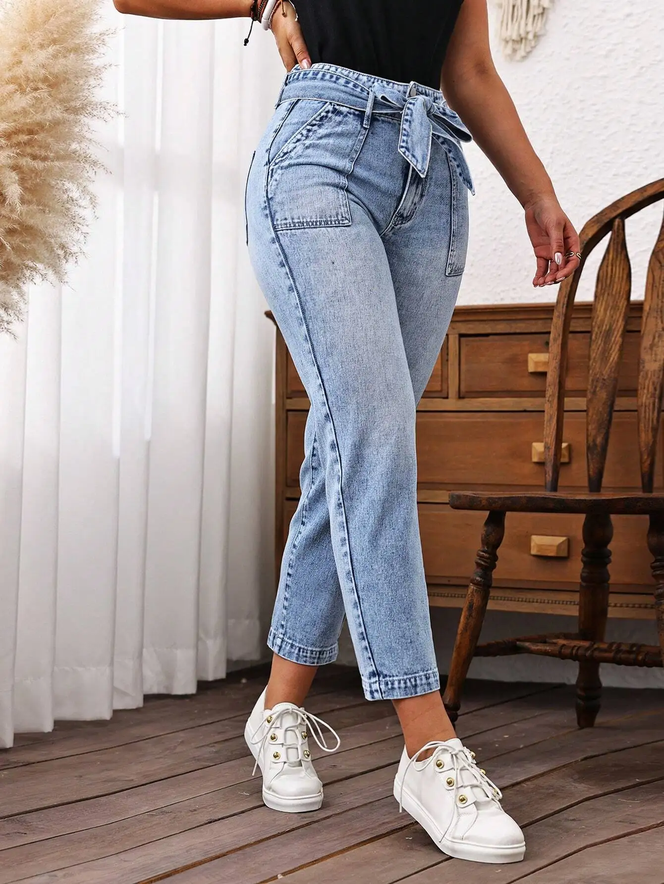 

Женские джинсы с высокой талией и поясом, повседневные прямые джинсы с карманами, подходят для полных женщин