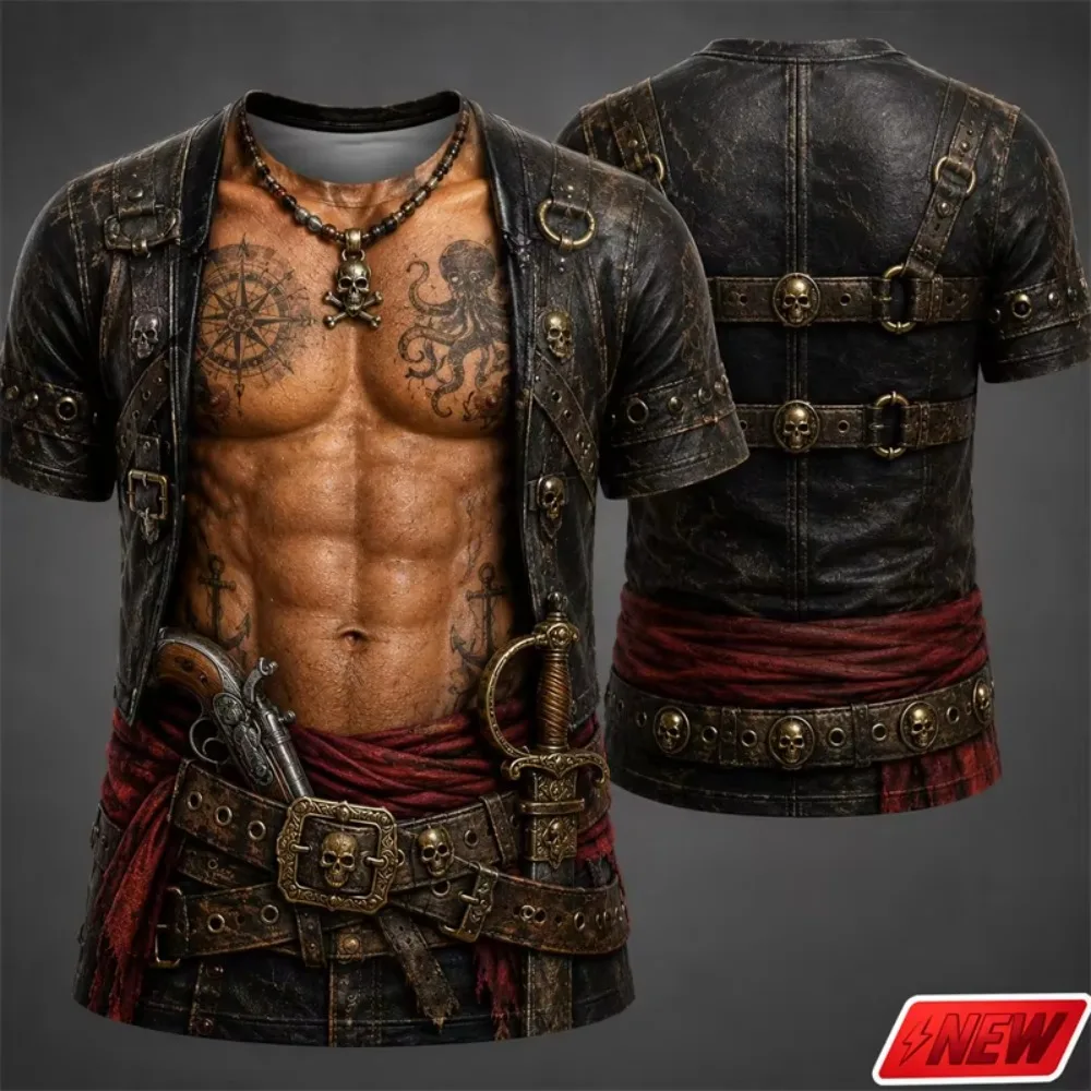 Kreatives, lustiges T-Shirt für Herren – Matrosenuniform, Piratenschädel, Schiff, Anker, 3D-Druck, große Größe, kurzärmelig – Kostüm-Party-Oberteil – Detail 6