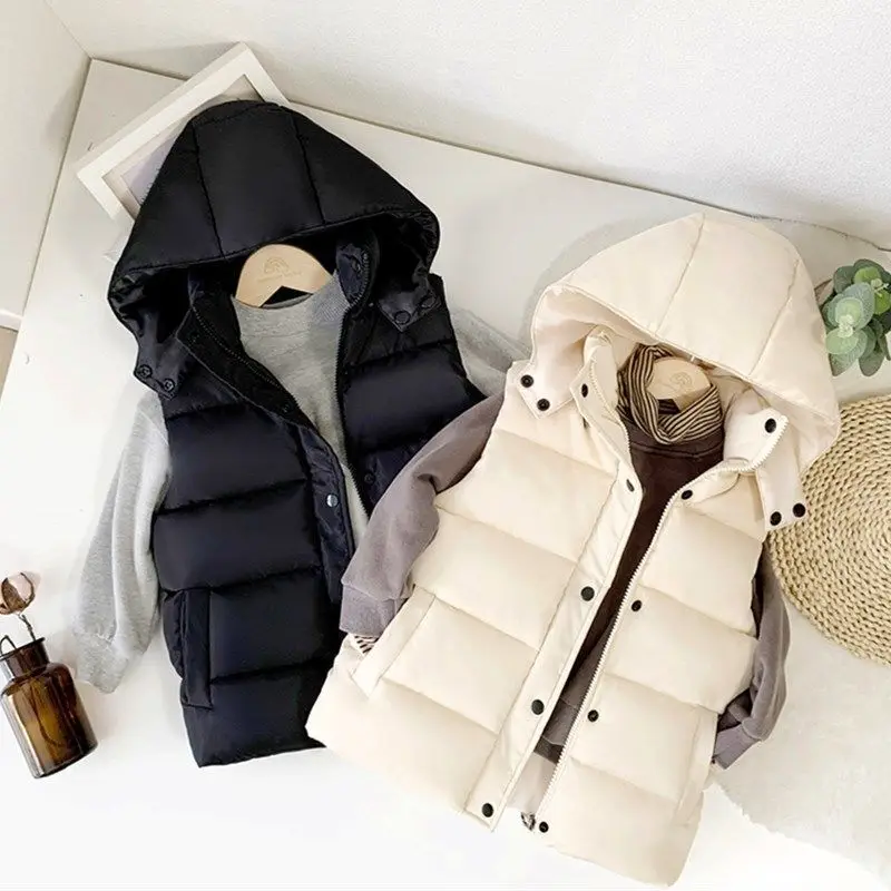 1-12Y Winter Warm Sleeveless Jacket For Children Jacket Thicken Hooded Vest For Boys Girls Kids Waistcoat Coat Insulated Vest