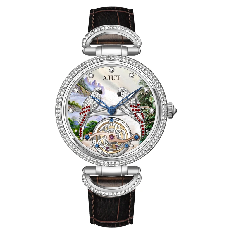 AJUT Automatic Tourbillon Movement Luxury woman watch Brid Dial With Diamond Flying Tourbillon ladies watches 0327L