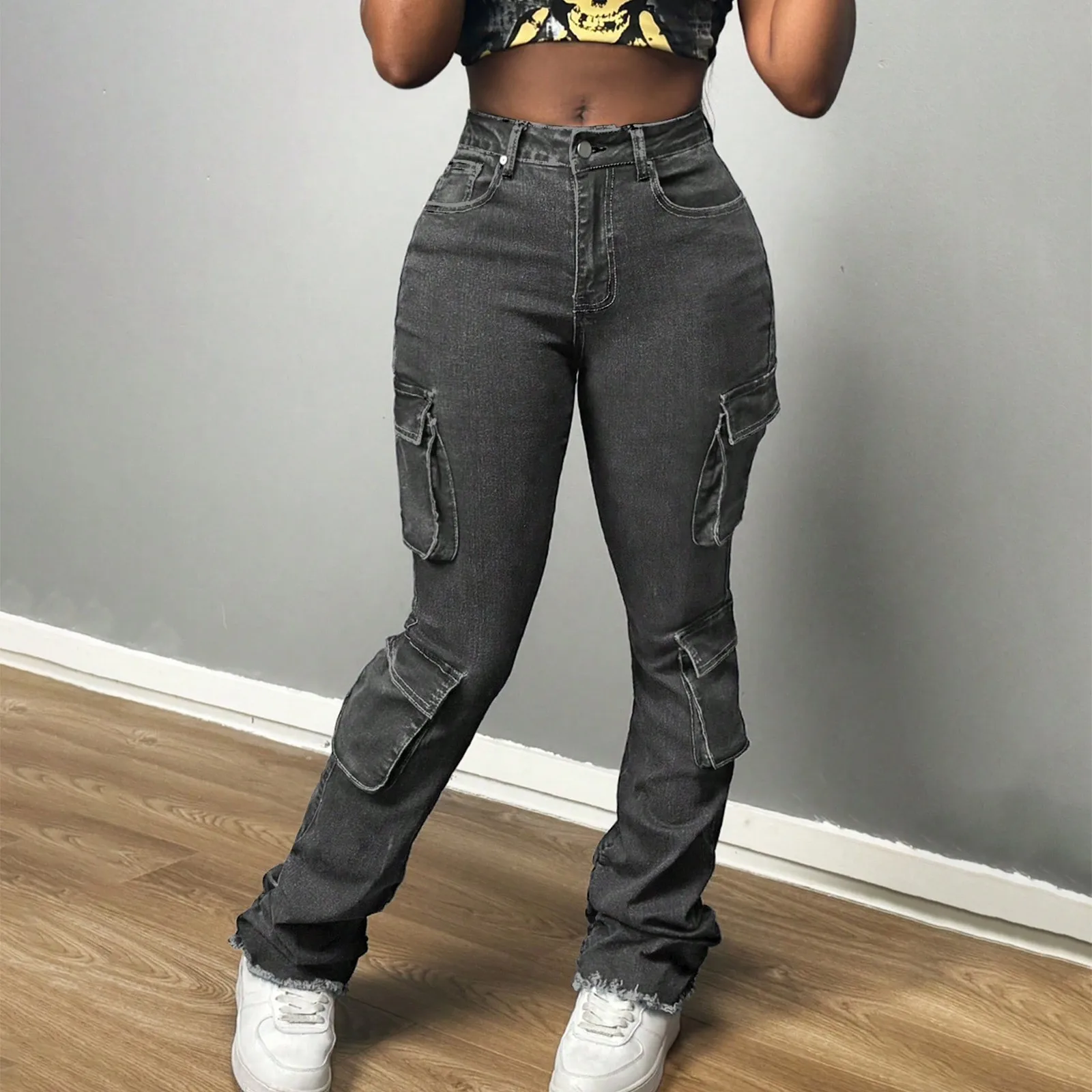 

Women Casual Cargo Style Slim-Fit Denim Tapered Pants Button Zipper Side Pockets Fashion Solid Color Jeans Ankle Length Trousers