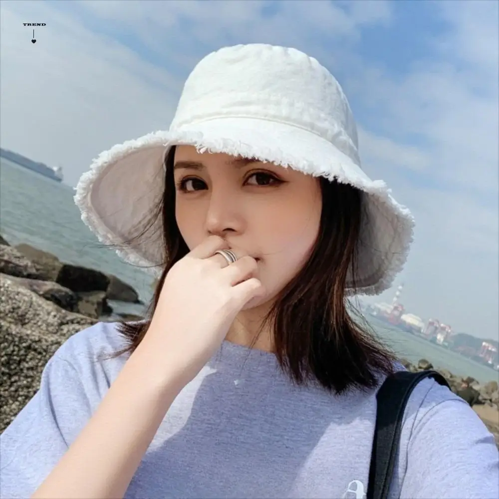 أزياء قابل للتعديل الدنيم دلو قبعة واقية من الشمس الأشعة فوق البنفسجية حماية الجينز صياد قبعة كبيرة الحواف الكورية نمط واقية من الشمس قبعة النساء #1