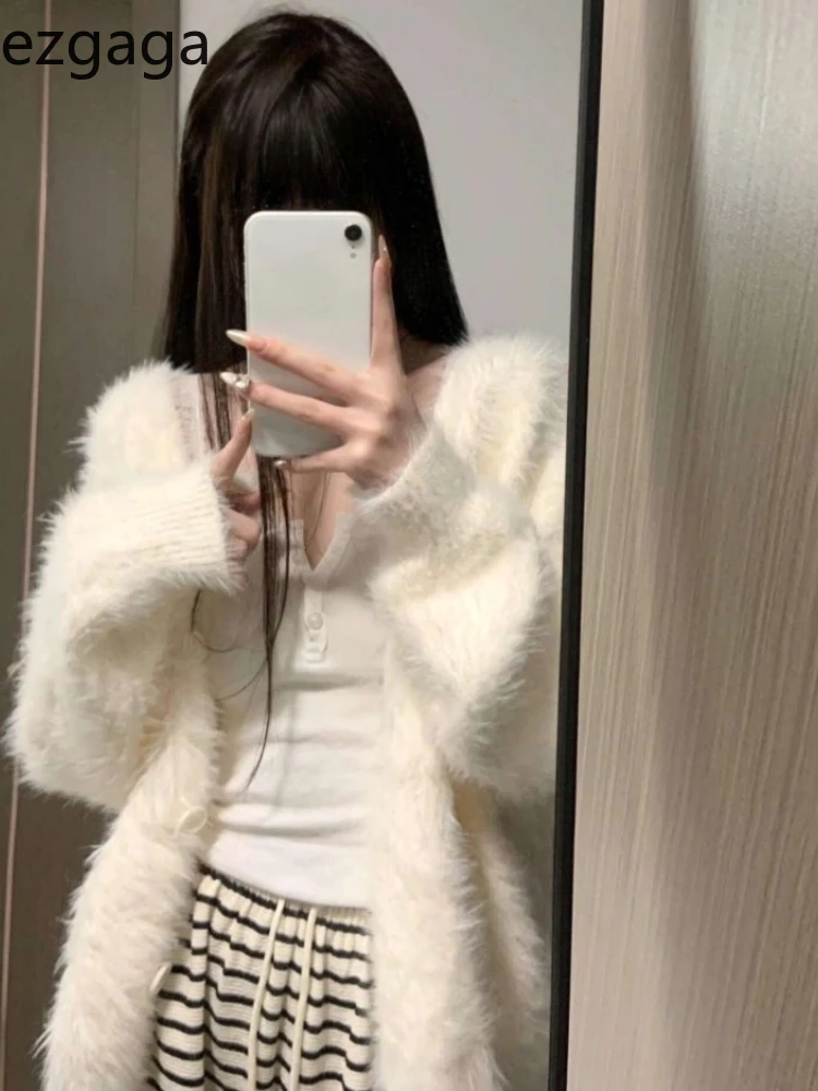 

Ezgaga Knitted Cardigan Women Autumn Winter 2025 New Loose Sweet Elegant Furry Patchwork Outwear Sweater Female Casual
