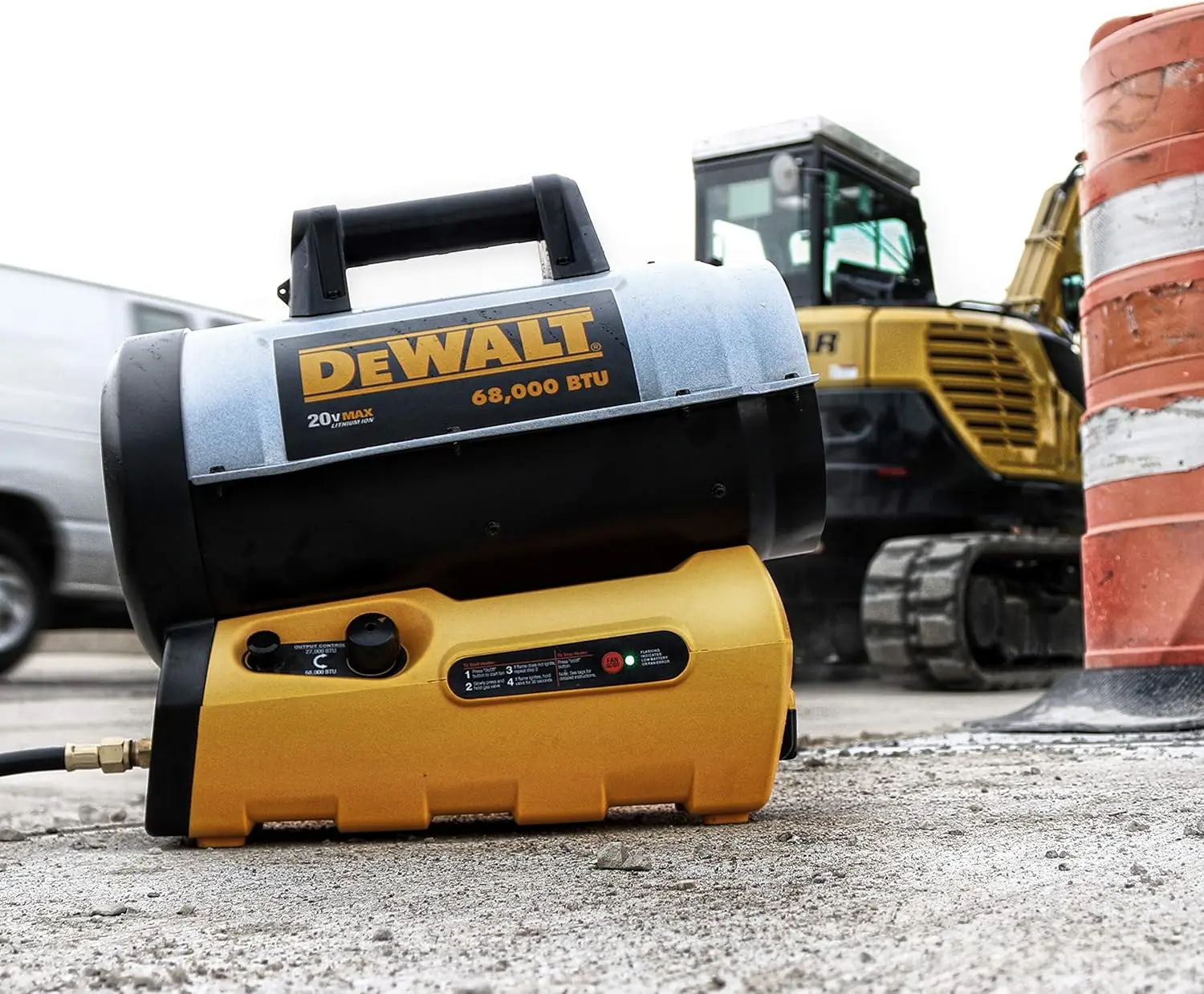 DeWalt 68,000 BTU 20 Volt Battery Start Portable Cordless Propane Space Heater with Quiet Barrel Forced Air Design for Job Site