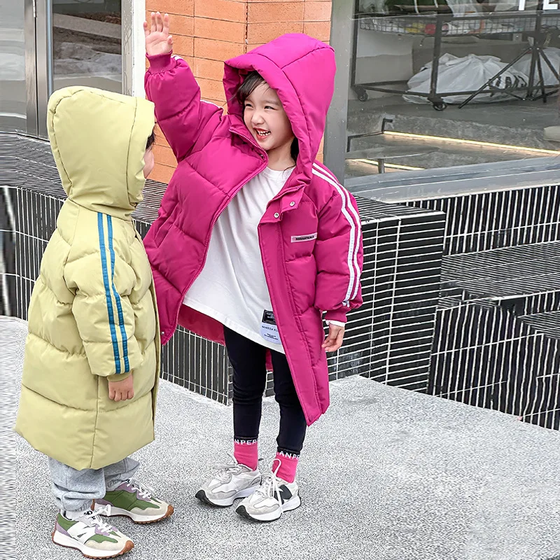 2024 new children's down padded jacket length Korean version of boys and girls over the knee length thickened padded jacket