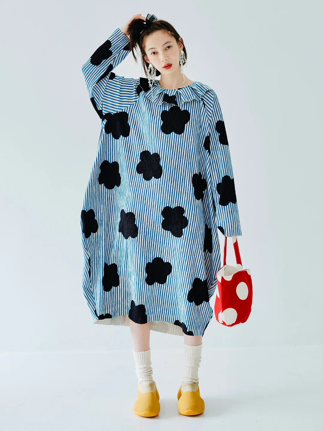 

IMAKOKONI original design blue dress Female autumn pressed wrinkled flowers long-sleeved long pear-shaped figure women's 223833