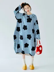 IMAKOKONI original design blue dress Female autumn pressed wrinkled flowers long-sleeved long pear-shaped figure women's 223833