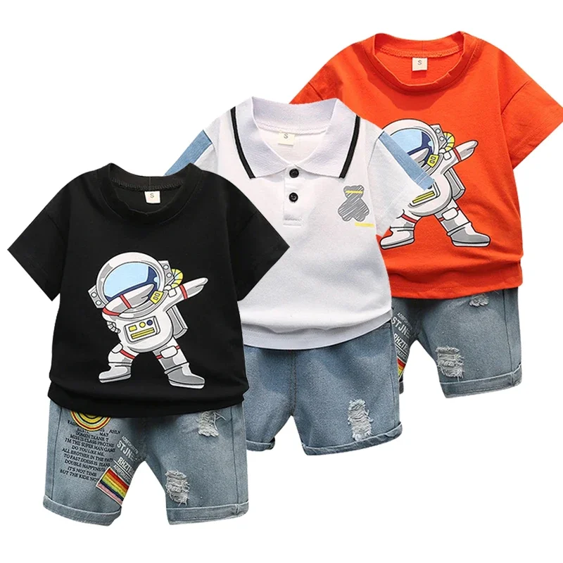 

Children's clothing summer baby short sleeved set for boys aged 0-5, solid color T-shirt+denim shorts two-piece casual sportswea