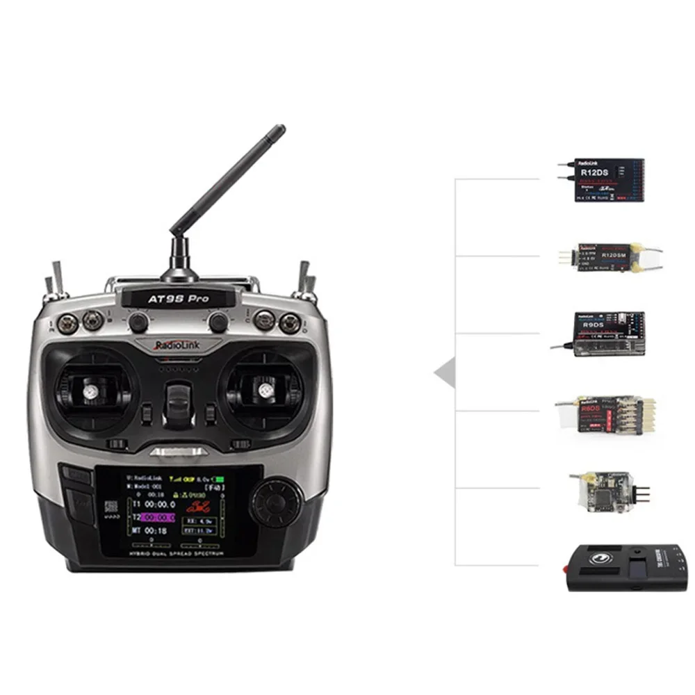 وحدة تحكم راديو RadioLink AT9S Pro ذات 12 قناة، مقترنة مع جهاز استقبال R9DS، مناسبة لألعاب نموذج التحكم عن بعد