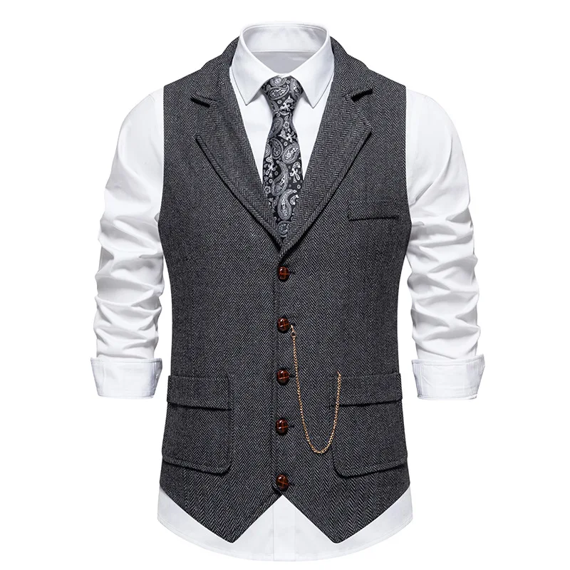 Spring New Men\'s Suit Vest Solid Color Casual Retro Lapel Horse Chain Vest Top