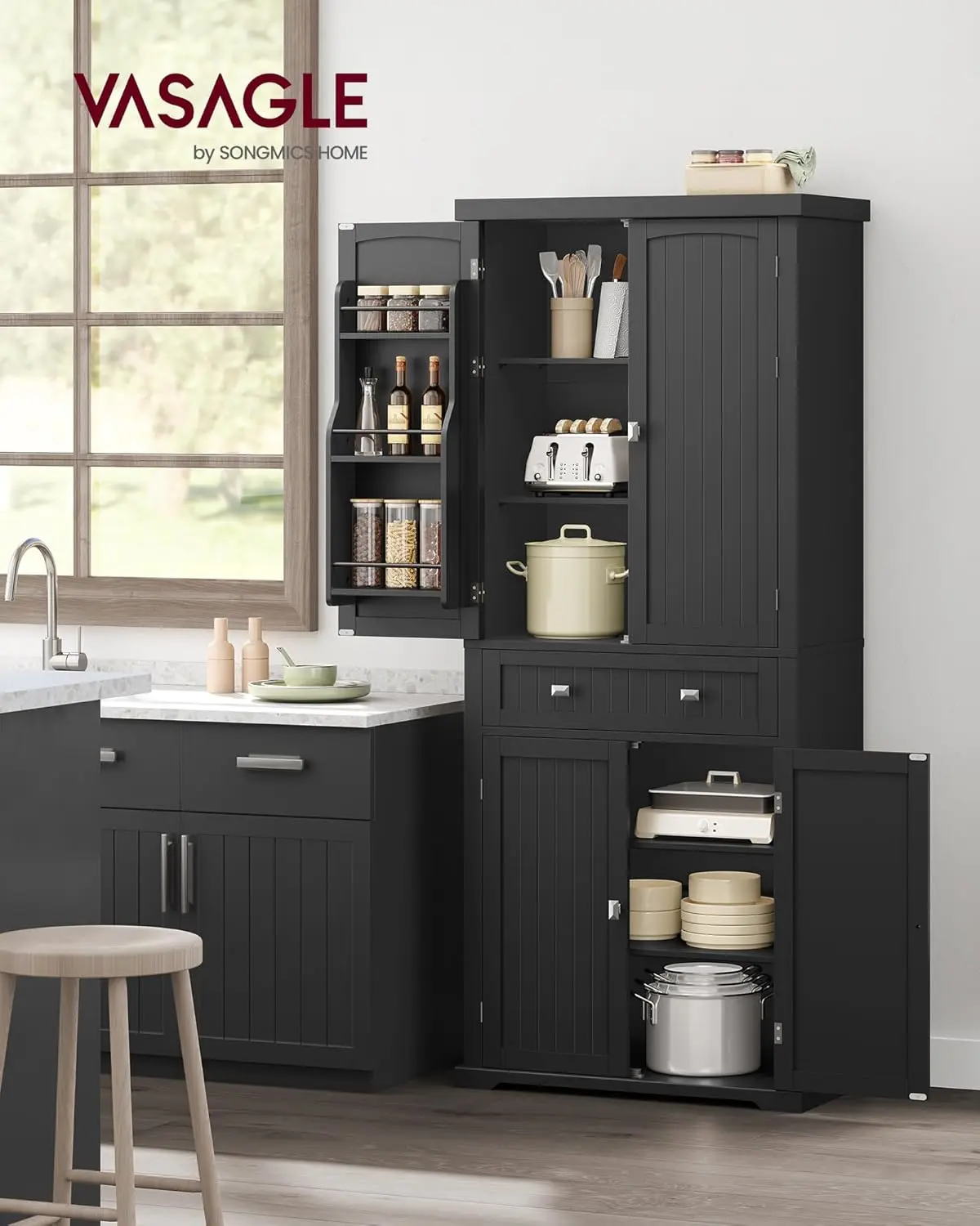 VASAGLE Pantry Cabinet, 15.7 x 30 x 71.7 Inches, Freestanding Tall Cupboard Storage Cabinet with a Drawer, 2 Cabinets