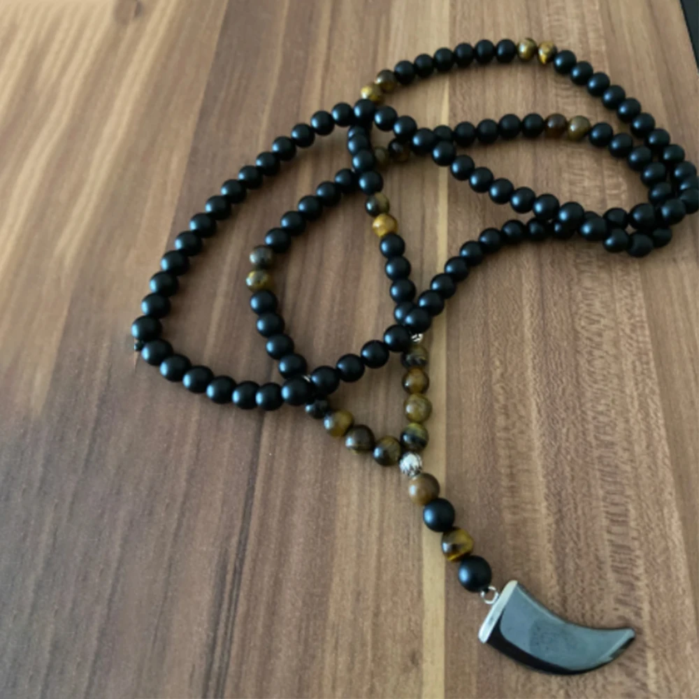 8mm Matte Black Onyx Yellow Tiger Eye Beads 108 Mala Necklace with Hematite Bull Horn Pendant