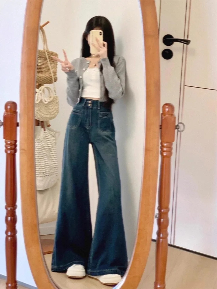 Solto confortável jeans feminino azul profundo cintura alta calças de perna larga outono novo sle plus size emagrecimento preguiçoso faion