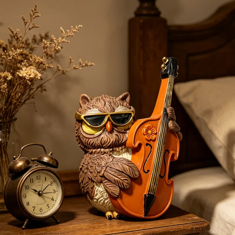 esin Owl Musician Statue, Sunglasses Owl with Cello Figurine, Brown Orange Indoor Decor