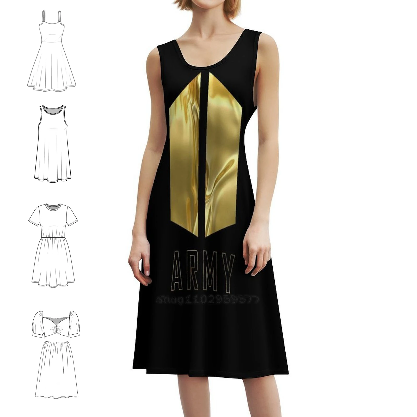 Army Logo ( Liquid Gold ) | K-Pop | Rm J-Hope V Jin Vintage Bohemian Dress Puff Sleeve Or Sleeveless Options For Women Dress