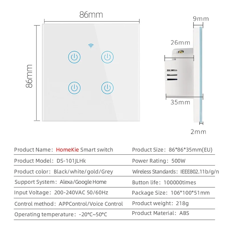 Cerhot Homekit WiFi Smart Switch Touch Key Siri Control 1/2/3/4 Gang No Neutral and Neutral Needed Dual Mode WiFi Smart Switch