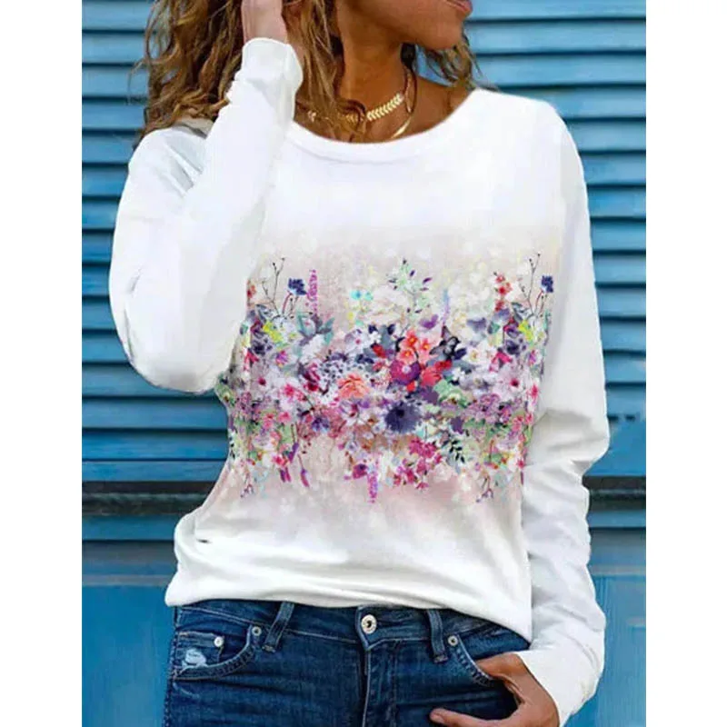 

303085Hot Sale New Gradient Print Round Neck Long Sleeve Loose Base Shirt Top for Women