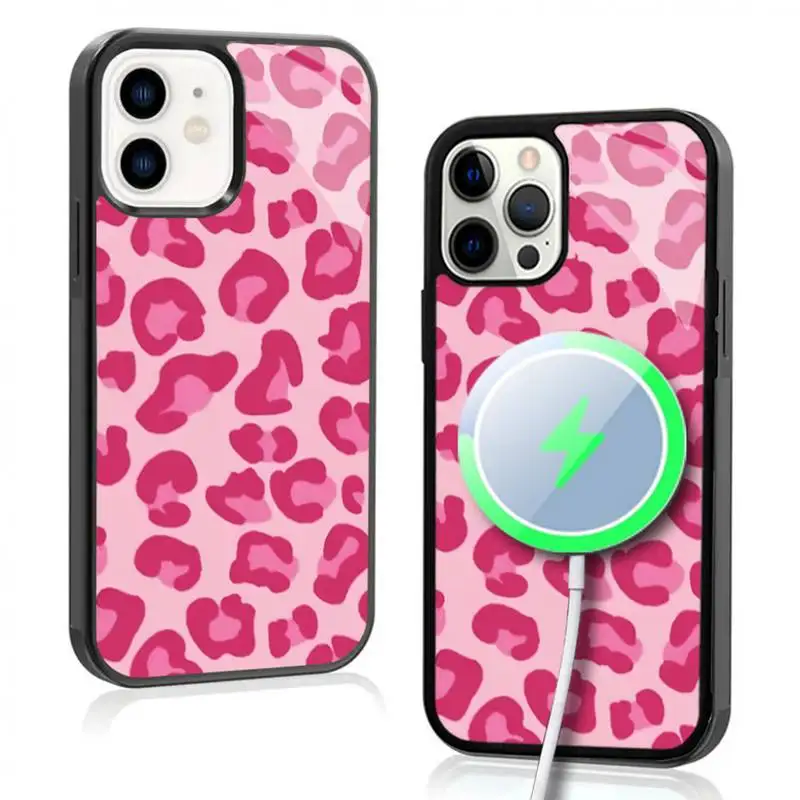 Pink Cheetah Leopard Print Aesthetic Case For iphone 11 12 13 14 15 Plus Pro Max Mirror Acrylic For Magsafe Wireless Charging