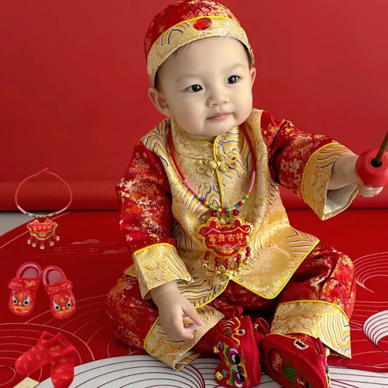 Traditionele Retro Baby Chinese Traditionele Tang Pak Cadeau Lente Festival Honderd Dagen Een Jaar Outfit Kids Nieuwjaarskleding