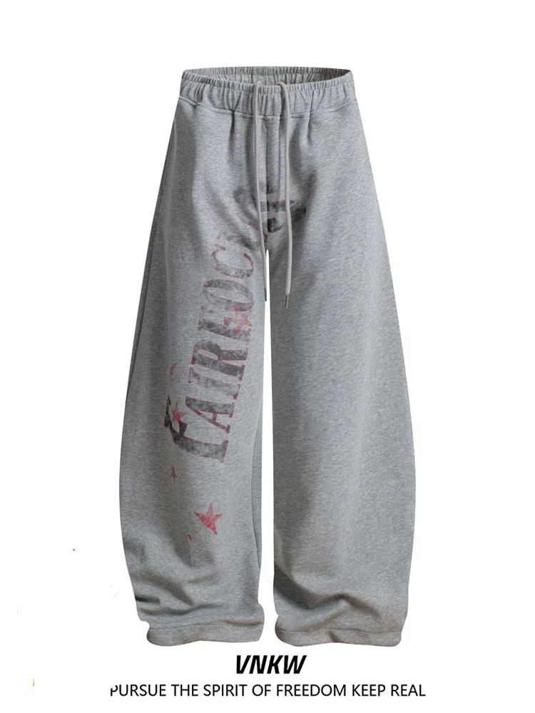 

American High Street Vintage Letter Star Print Sports Sweatpants Loose Fit Casual Trousers for Men with Dstring Elastic Waist