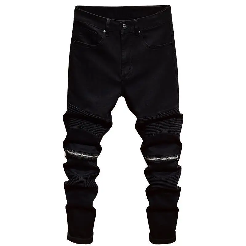 

Black jeans men's stretch slim fit small feet fashionable street ruff handsome zipper design motorcycle long pants