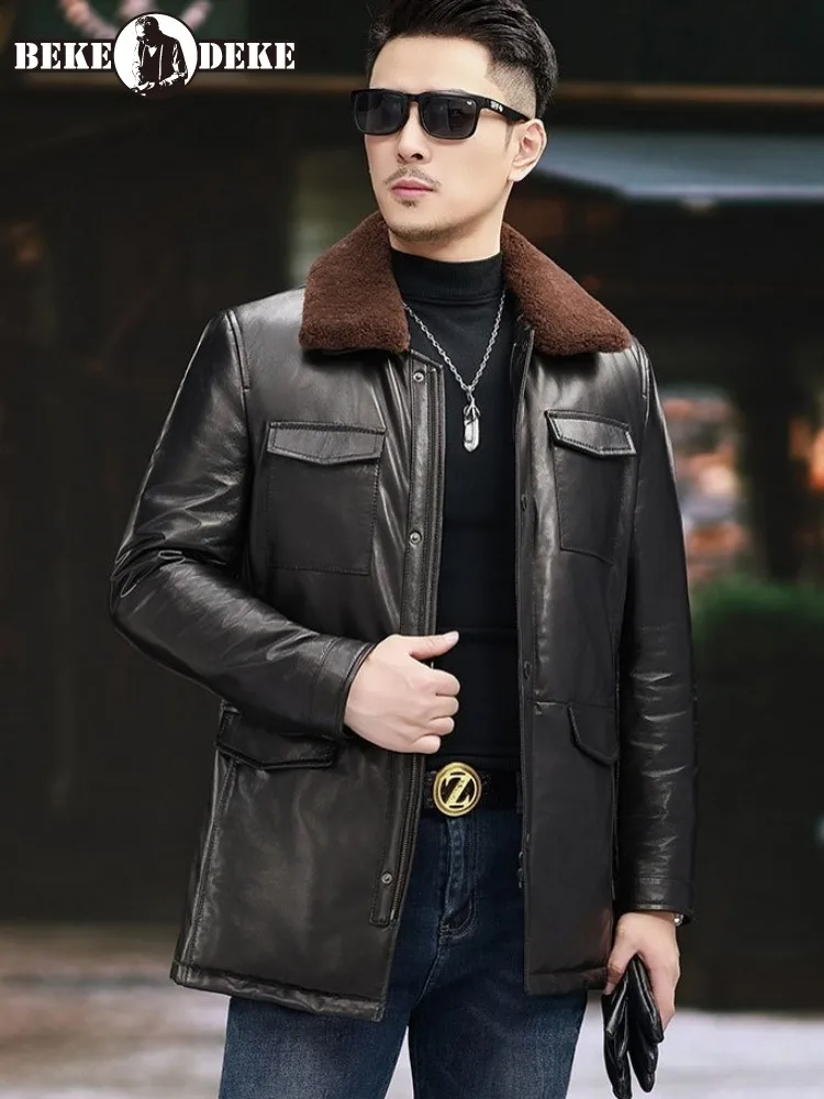 Business Casual Genuine Leather Mens Down Coat Detachable Wool Collar Winter New Thicken Warm High Quality Goatskin Jacket Male