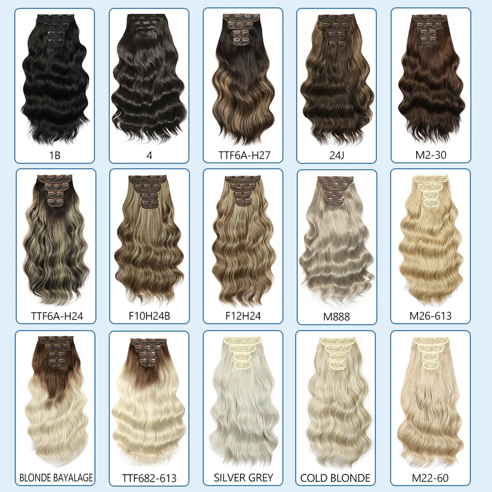 Extensiones de cabello con clip, onda natural con reflejos, 22 pulgadas, 4 piezas, 220g, fibra sintética resistente al calor 6
