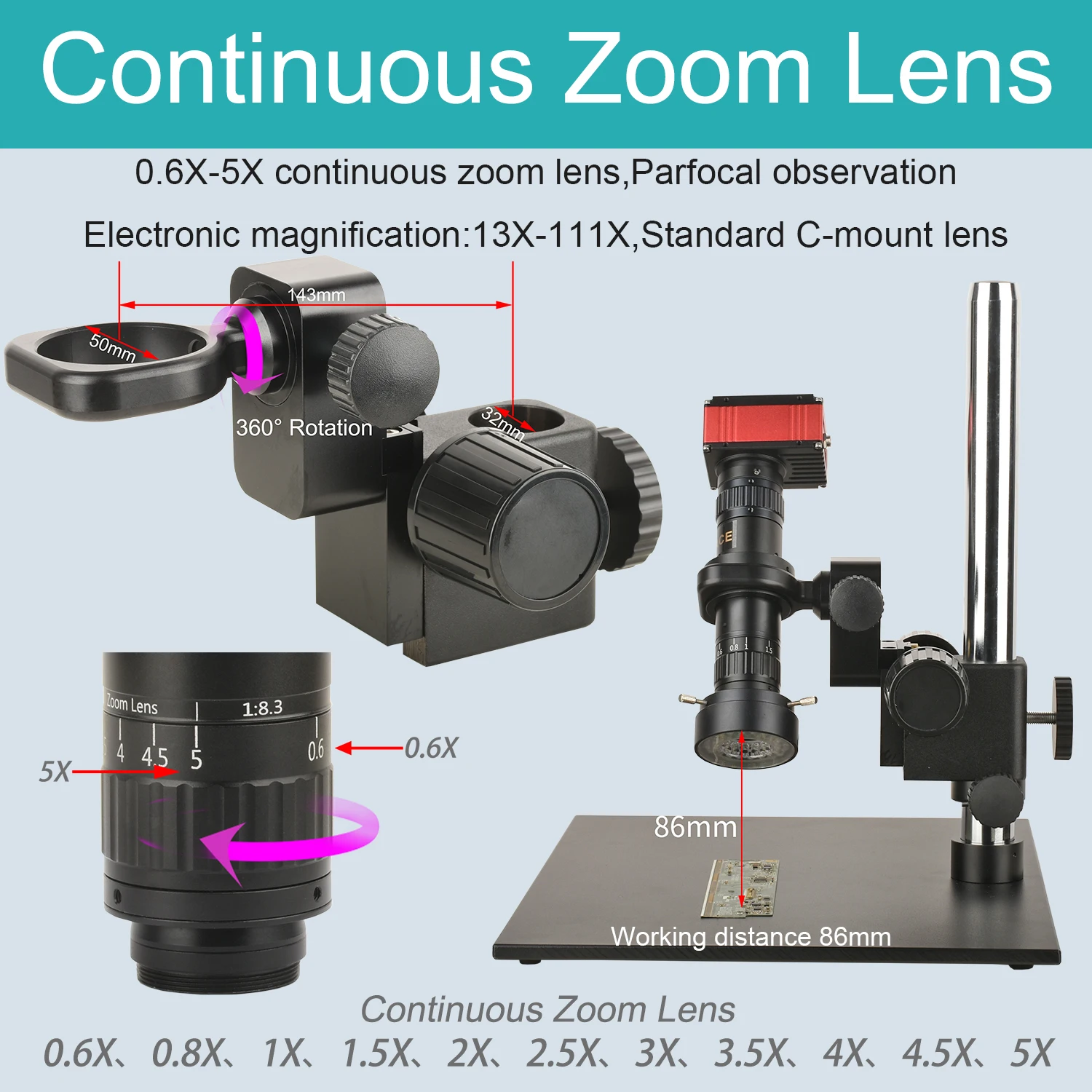KOPPACE 13X-111X HD 4K Measurement Industrial Electron Microscope 360 ° Rotating Bracket 15.6-inch Monitor