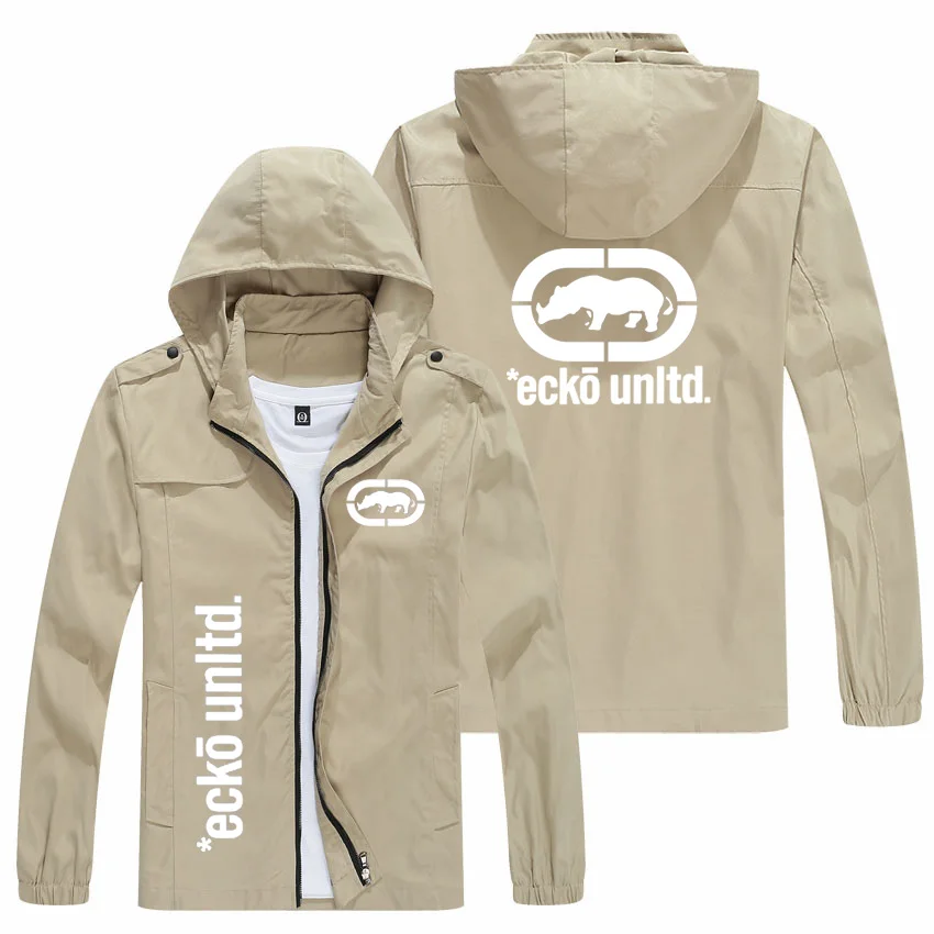 Spring Autumn Men Casual Hooded Windbreaker Ecko Unltd Rhino Graphic Vertical Side Letter Zip Up Coat Urban Street Fashion Outer