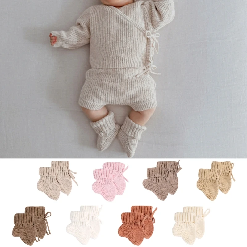 

Warm Knitted Baby Socks Solid Color Newborns Handmade Knitting Shoes Short Socks with Ties for Boys Girls Unisex