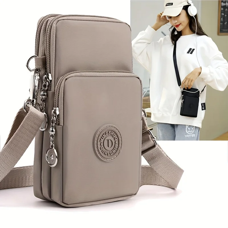 

Women's nylon mobile phone bag with adjustable shoulder strap, zipper seal and card slot-lightweight travel wallet,mobil phones,