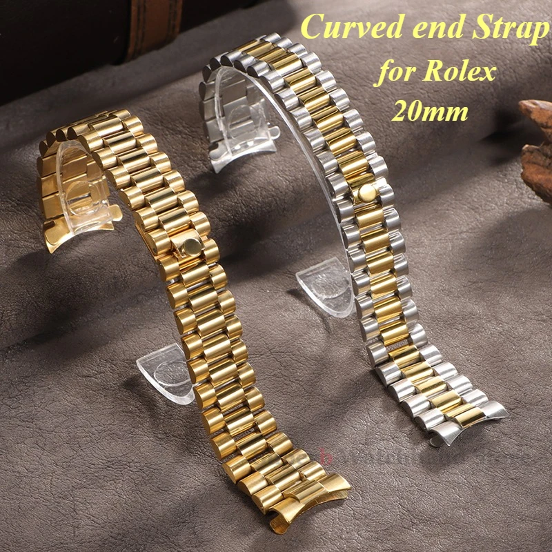 Pulseira de metal sólido de 20 mm para Rolex com extremidade curvada pulseira de aço inoxidável para fivela presidencial de ostra para homens prata ouro