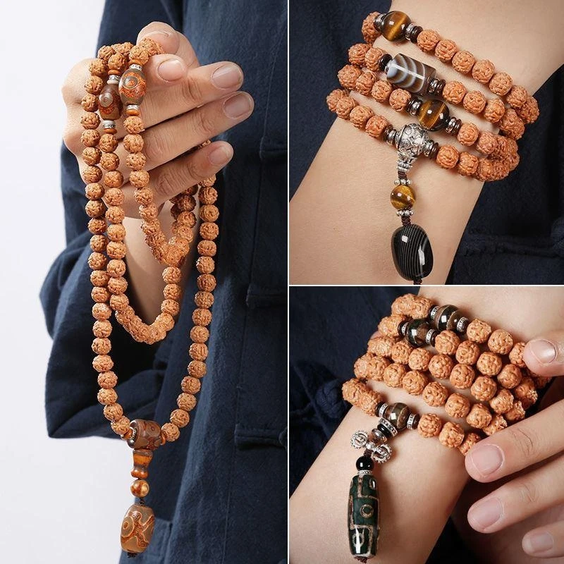 Indonesian Double Pattern Vajra Bodhi 108 Men Women, Buddhist Bead Bracelet and Necklace with Drago