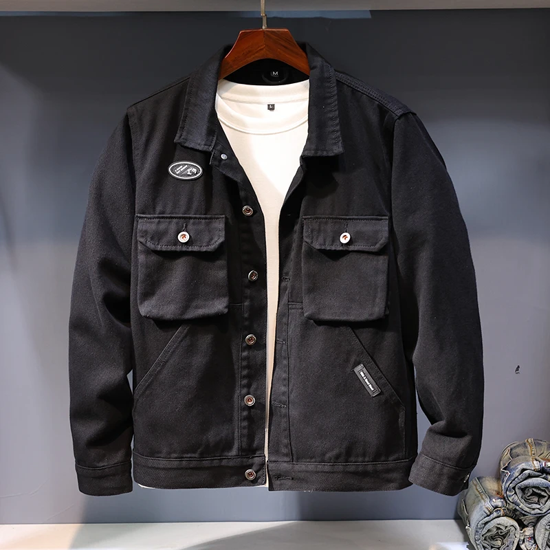 Blouson en Jean Vintage Américain Décontracté avec Revers Multi-Poches, Vêtement de Travail Tendance de Style Japonais, Nouvelle Collection Automne 2024