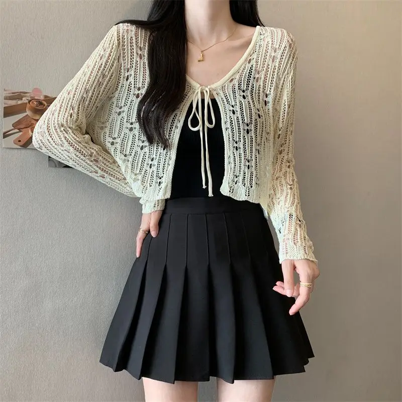 Korean Version Thin Hollow Long Sleeve Knitted Cardigan Women Spring Summer Design Niche Short Tops Loose Irregularly Flower