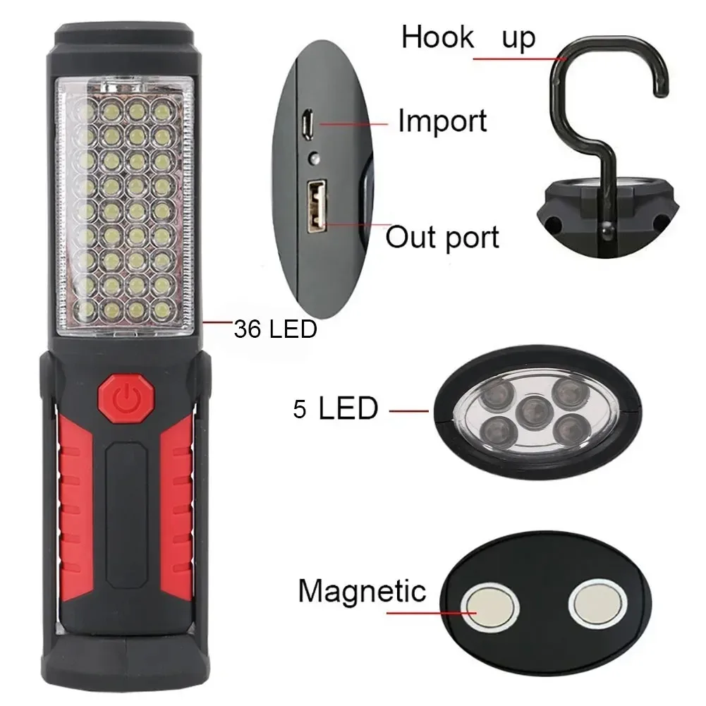 Super Bright USB Rechargeable 36+5LED Work Light Stand Portable Flashlight for Outdoor with Magnet Hook