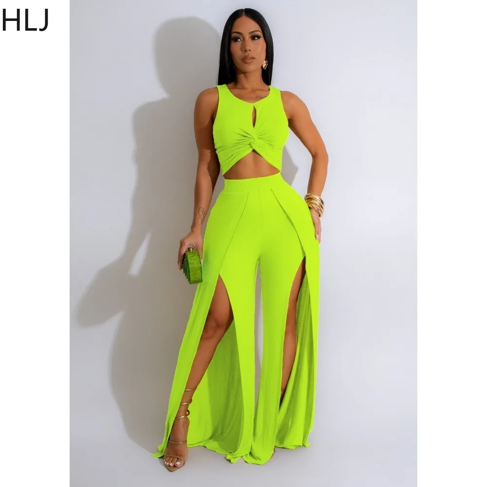 HLJ Fashion Solid Slit Wide Leg Pants Two Piece Sets Women Round Neck Sleeveless Crop Top + Pants Outfits Female 2pcs Streetwear