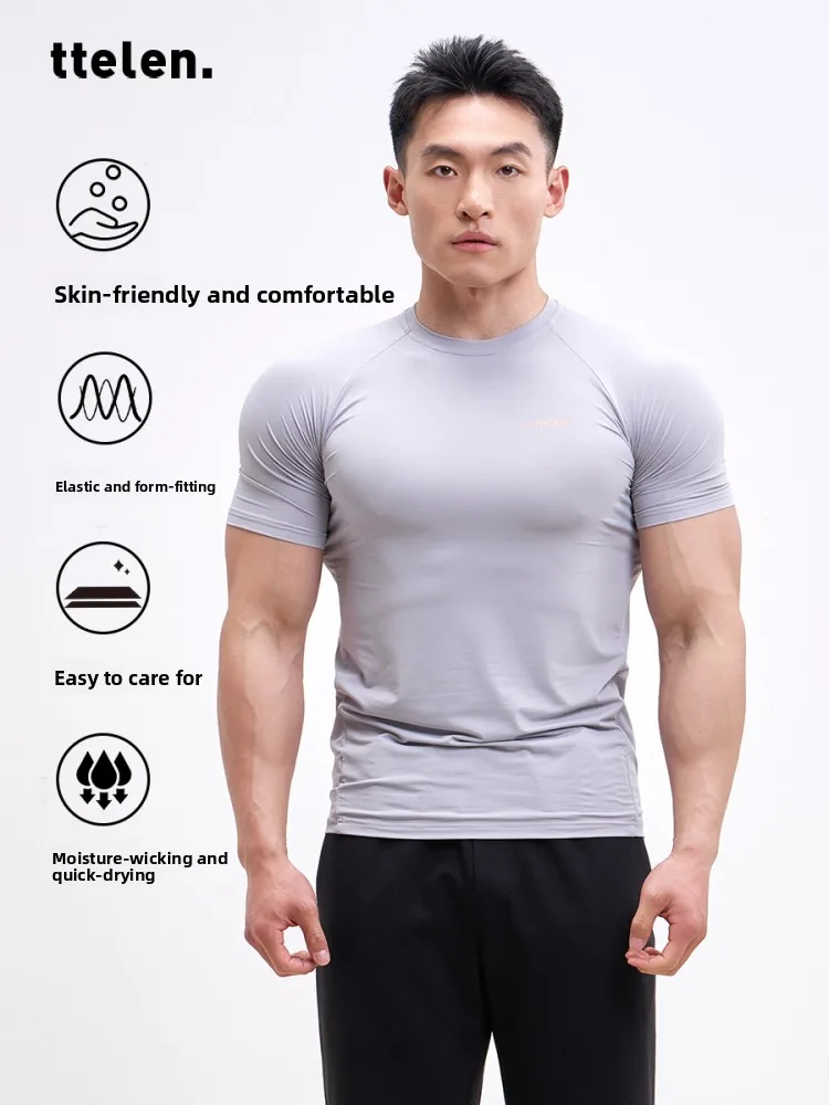 

TTelen Breathable Me Spor ort Sve T-irt Men's Fitn Clothing Qui Dry Summer Top round Ne Casual Sle