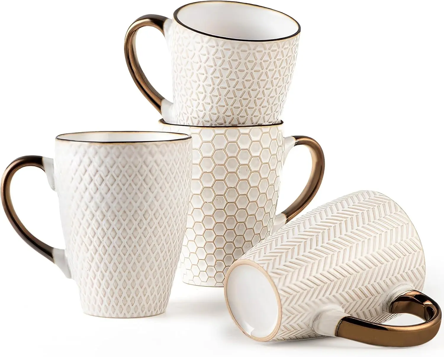 

Ceramic Coffee Mug Set - 16 Oz Large Coffee Mugs - Embossed Stoneware Cups with Handle for Latte Tea Cappuccino Cocoa - Microwav