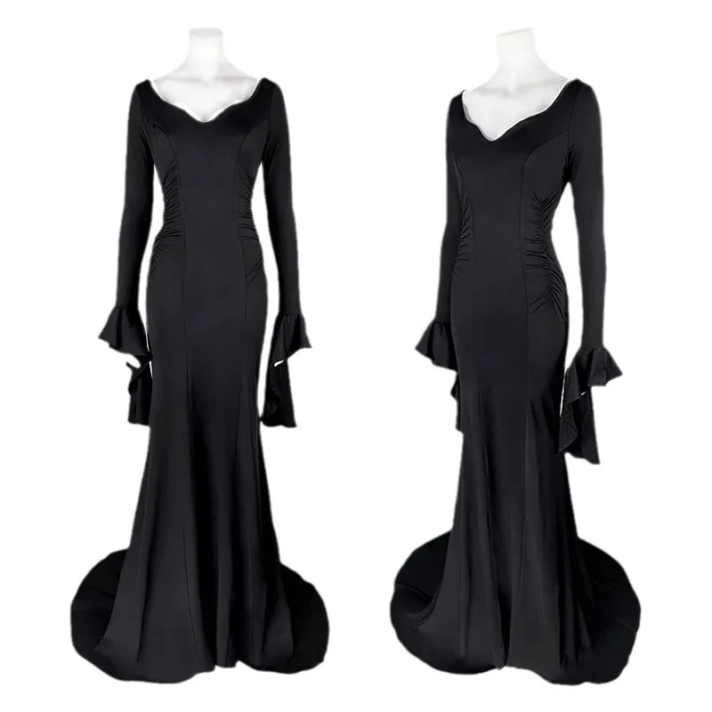 Halloween Morticia Adams Black Adams Family Dress Retro Gothic Long Sleeve V-neck Dress Luxury Casual Elegant Style