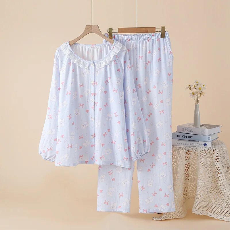 

Женский пижамный комплект Весна/Лето 2026 из 100% хлопковой марли с кружевным воротником, тонкий, с длинными рукавами, милый и очаровательный, домашняя одежда, комплект из двух предметов